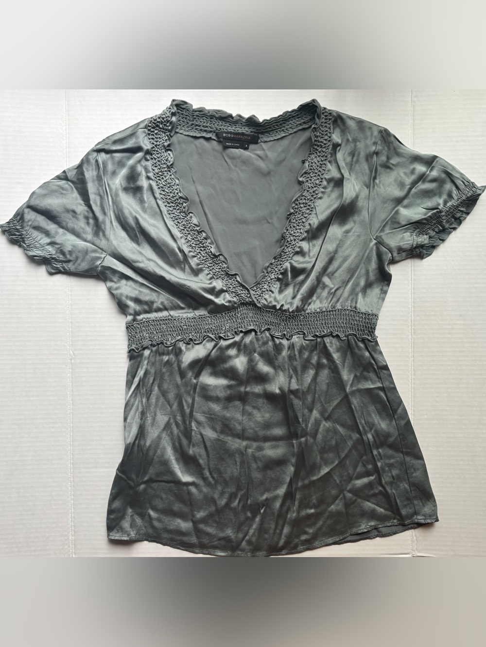 BCBGMaxAzria Olive teal Y2K smocked babydoll silk SatinV-Neck Top indie coquette